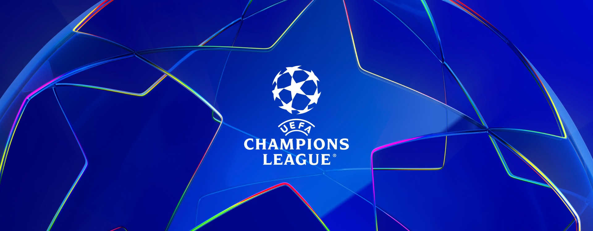 UEFA Champions League Logo auf blauem Hintergrund, umgeben von einem großen, stilisierten Stern mit leuchtenden, mehrfarbigen Linien.